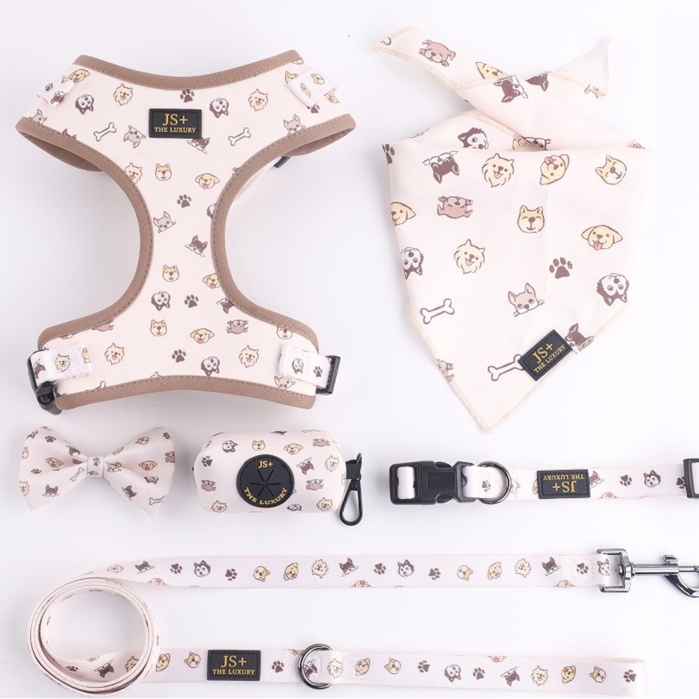 The Luxury Cream Dog Pattern Adjustable Harness & Leash Set